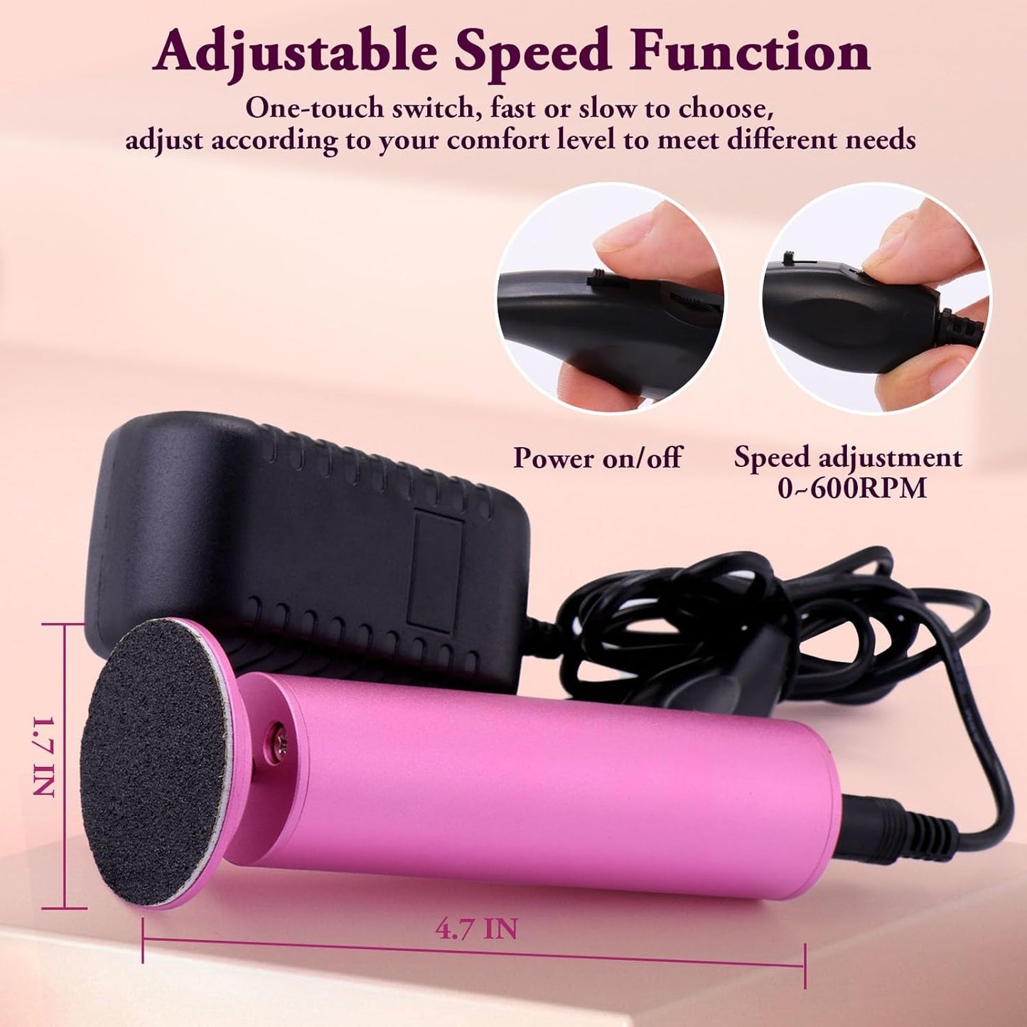 Removedor de callos eléctrico para pies, velocidad ajustable (0-600 rpm), exfoliante con 60 discos de lija, herramienta de pedicura para hombres y mujeres, color rosa