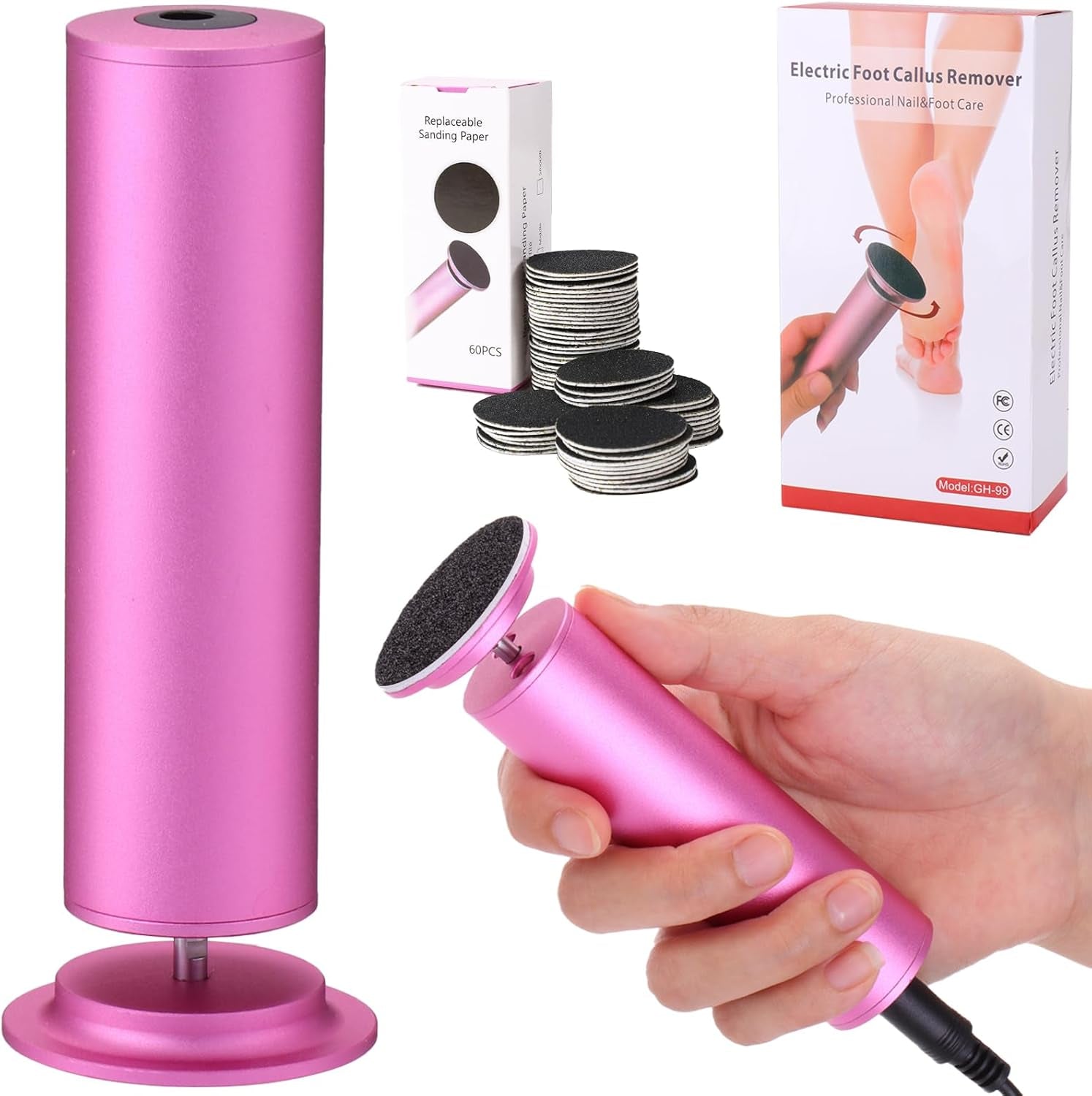 Removedor de callos eléctrico para pies, velocidad ajustable (0-600 rpm), exfoliante con 60 discos de lija, herramienta de pedicura para hombres y mujeres, color rosa