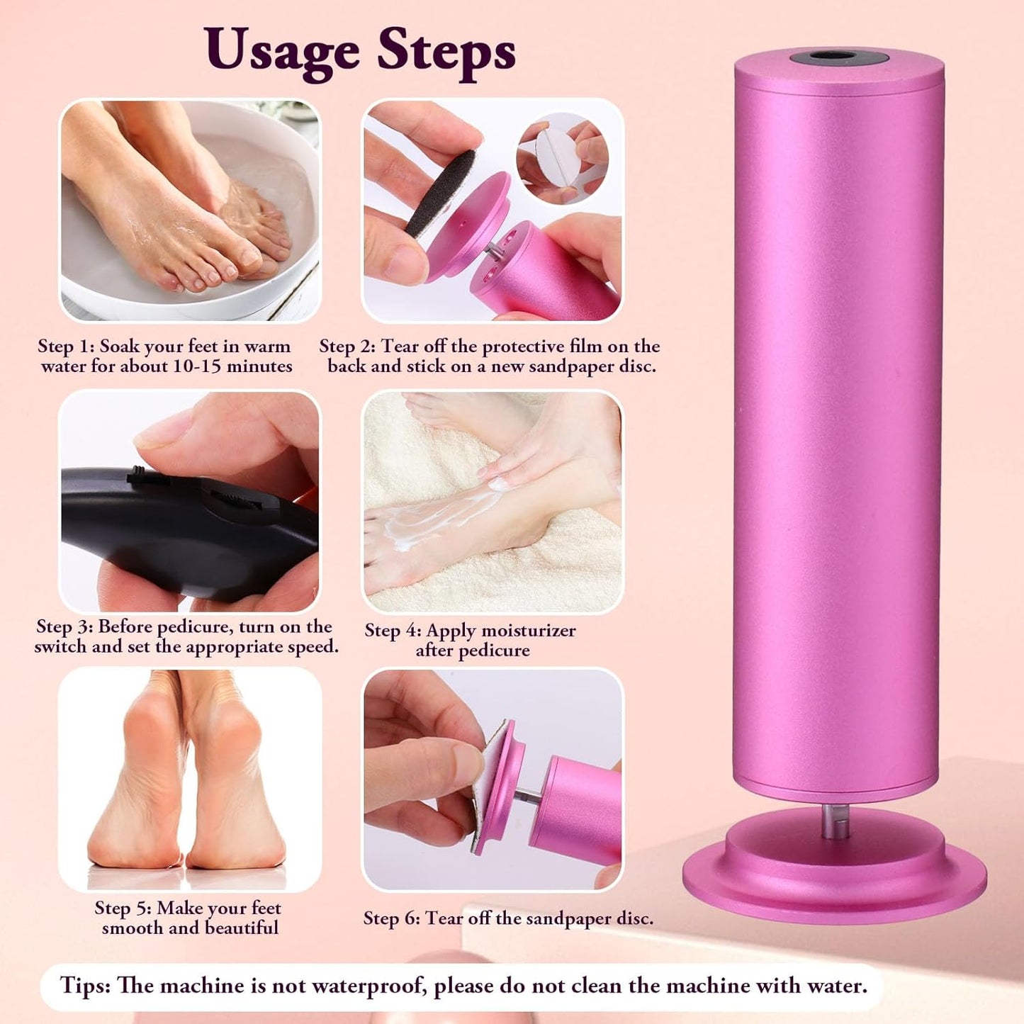 Removedor de callos eléctrico para pies, velocidad ajustable (0-600 rpm), exfoliante con 60 discos de lija, herramienta de pedicura para hombres y mujeres, color rosa